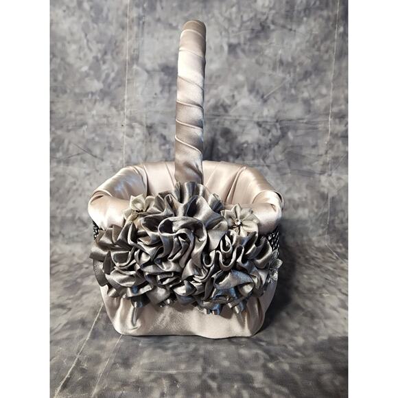 Silver Rhineston His & Hers Wedding Flower Girl Basket + Ring Bearer Pillow Set - Picture 7 of 12